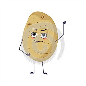 Cute potato character with emotions, face, arms and legs. The funny or proud, domineering hero, vegetable with eyes photo
