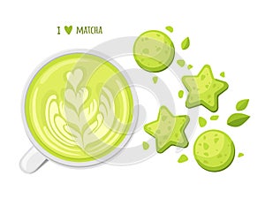 Cute pre-made greeting card of matcha. Japanese healthy drink. I love matcha. Cookies, latte cup and tea leaves. Cartoon vector