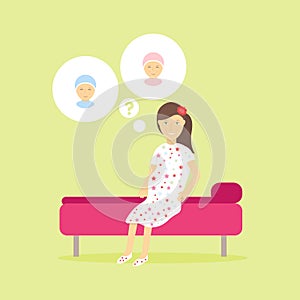 Cute pregnant woman dreaming about her future children. Concept design of the isolated character of women think a boy or girl. The