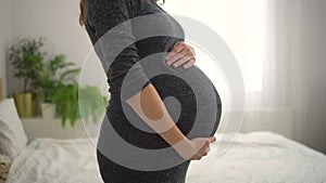 Cute pregnant woman holds her hand on her belly. Concept of a happy pregnancy. 9 months of waiting