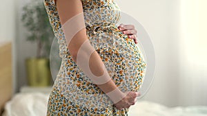 A cute pregnant woman holds her hand on her stomach. The concept of a happy pregnancy. 9 months of waiting for a baby.