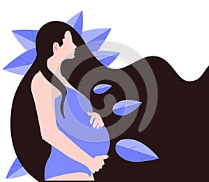 Cute pregnant woman with long hair on a background of blue leaves. The concept of pregnancy, motherhood, family. Flat design with