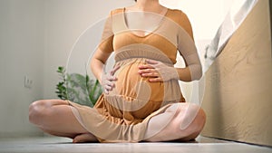 A cute pregnant woman sits. The concept of a happy pregnancy. 9 months of waiting for a baby.
