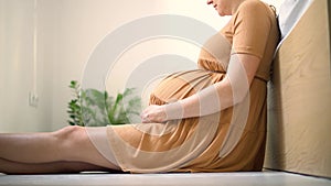 A cute pregnant woman sits. The concept of a happy pregnancy. 9 months of waiting for a baby.