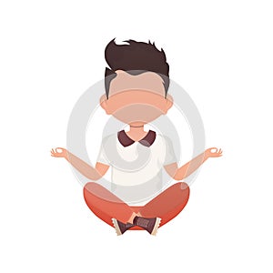 A cute preschool boy meditates in the lotus position. Isolated. Cartoon style.