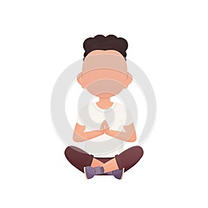 A cute preschool boy meditates In the lotus position. Isolated. Cartoon style.