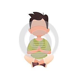 A cute preschool boy is sitting in the lotus position. Isolated. Cartoon style.