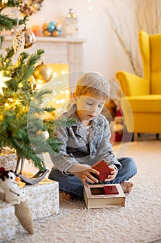 Cute preschool child, blond boy with pet dog, playing in decorated Christmas room