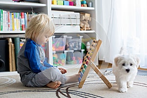 Cute preschool child, playing with abacus at home, little pet dog playing around