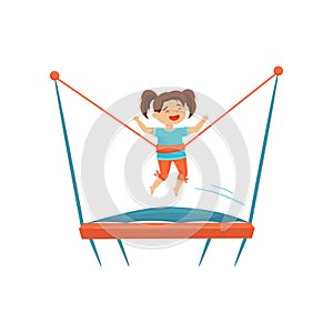 Cute preschool girl jumping on trampoline. Children recreation. Active leisure. Happy childhood. Flat vector design