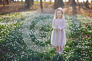 Cute preschooler girl in green tutu skirt gathering snowdrop flowers in park or forest on a spring day