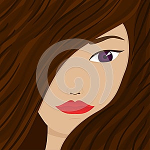 Cute pretty girl with purple eyes and dark brown hair, flat vector illustration