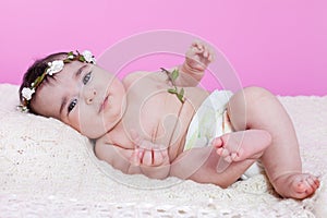 Cute, pretty, happy, chubby baby girl, or with diaper or nappy