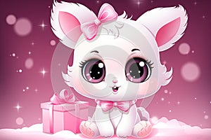 Cute pretty kitten with gift box for birthday gift or valentine's day greeting card