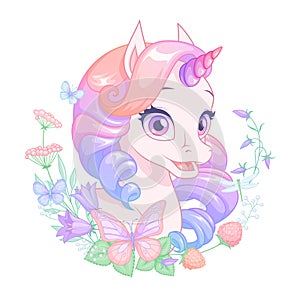 Cute pretty pink baby unicorn surrounded with flowers and butterflies. Isolated vector illustration.