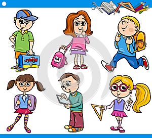 Cute primary school children cartoon set