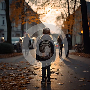 Cute primary school students back view on an evening street