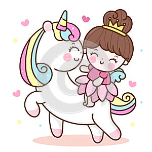 Cute princess angel cartoon ride unicorn vector pony cartoon kawaii animals background friendship