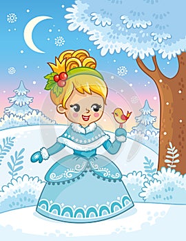 Cute princess in a cartoon style in snow forest and holding a bird in her hands