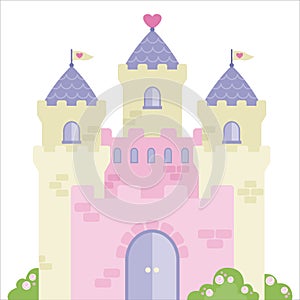 Cute Princess Castle with Hearts Flat Illustration Isolated on White