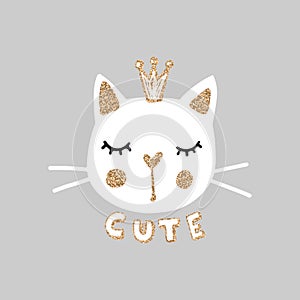 Cute princess cat vector illustration. Girly kittens. Fashion Cat`s face