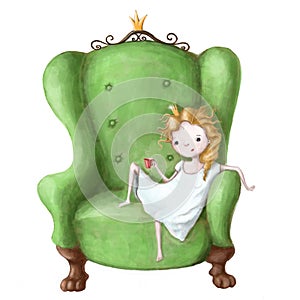 cute princess with a cup of coffee has a coffee break, hand drawn watercolor illustration with cartoon character