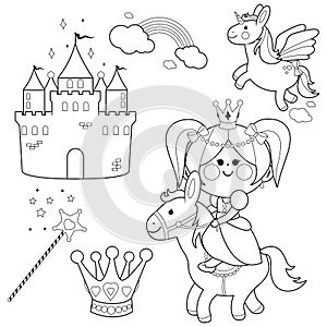 Cute princess fairy tale collection. Vector black and white coloring page