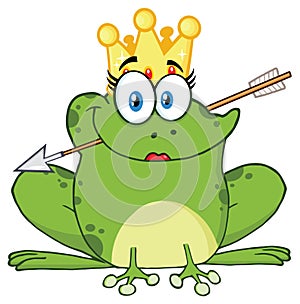 Cute Princess Frog Cartoon Mascot Character With Crown And Arrow.