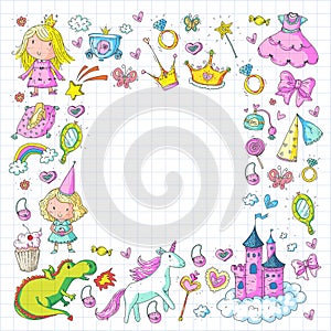 Cute princess Icons set with unicorn, dragon Girl wallpaper