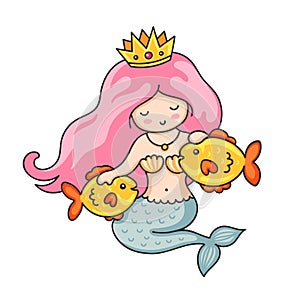 Cute princess mermaid with crown and two golden fish.