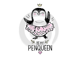 Cute princess penguin girl dancing in ballerina tutu dress. Baby animals character in doodle, sketch style. Nursery