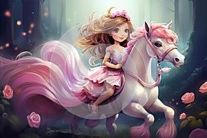 the cute princess ride a little unicorn, cartoon illustrated by Generative AI