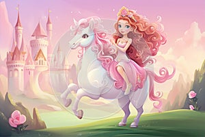 the cute princess ride a little unicorn, cartoon illustrated by Generative AI