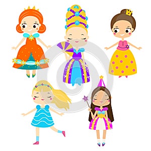 Cute princess set. Girls in queen dresses. Vector collection of cartoon fairy tales characters