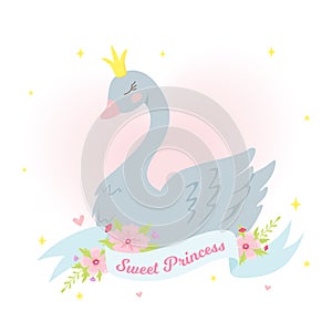 Cute princess swan with flowers, heart, ribbon and stars. Can be used for invitation, poster, greeting card.