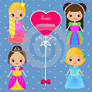 Cute princesses in colorful dresses in kawaii style. Girls in queen costumes. Vector collection of cartoon female characters