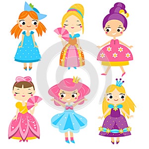 Cute princesses set. Girls in queen dresses. Vector collection of cartoon female characters