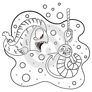 Cute printable coloring page for kids with scared earthworm character sitting on a fishing hook and fish trying to eat