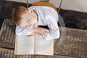 Cute productive boy being a diligent reader