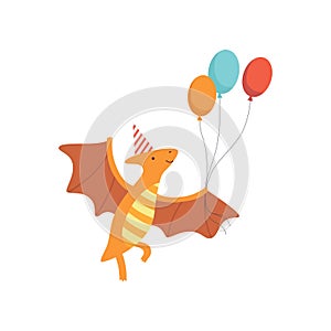 Cute Pteranodon Dinosaur in Party Hat Flying ith Balloons, Funny Colorful Dino Character, Happy Birthday Party Design