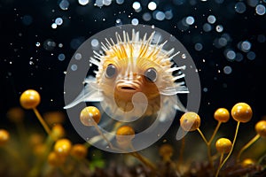 Cute puffer blowfish swimming in deep ocean