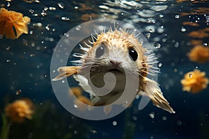 Cute puffer blowfish swimming in deep ocean