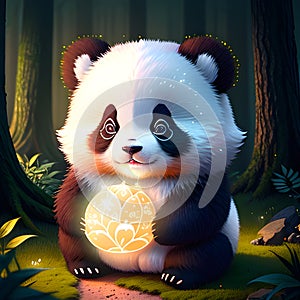 Cute puffy panda in the magical forest