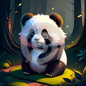 Cute puffy panda in the magical forest