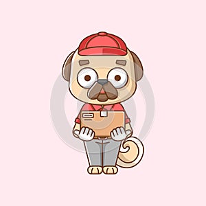 Cute pug dog courier package delivery animal chibi character mascot icon flat line art style illustration concept cartoon