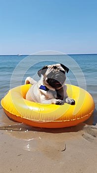 Cute pug dog floating in the sea with an orange ring flotation device. 9:16 generative ai