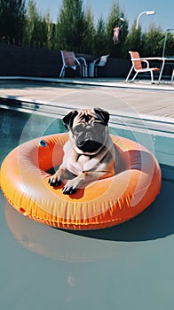 Cute pug dog floating in a swimming pool with an orange ring flotation device. 9:16 generative ai