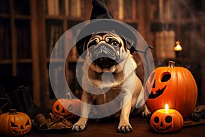 Cute pug dog in a hallowine suit. Generative AI