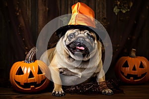 Cute pug dog in a hallowine suit. Generative AI