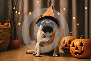 Cute pug dog in a hallowine suit. Generative AI